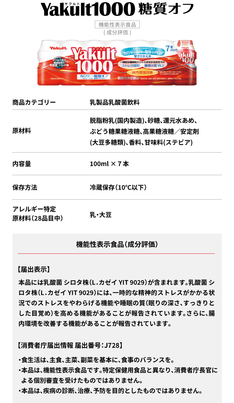 Yakult1000 糖質オフ 本品には乳酸菌 シロタ株（L．カゼイ YIT 9029）が含まれます。乳酸菌 シロタ株（L．カゼイ YIT 9029）には、一時的な精神的ストレスがかかる状況でのストレスをやわらげる機能や睡眠の質（眠りの深さ、すっきりとした目覚め）を高める機能があることが報告されています。さらに、腸内環境を改善する機能があることが報告されています。