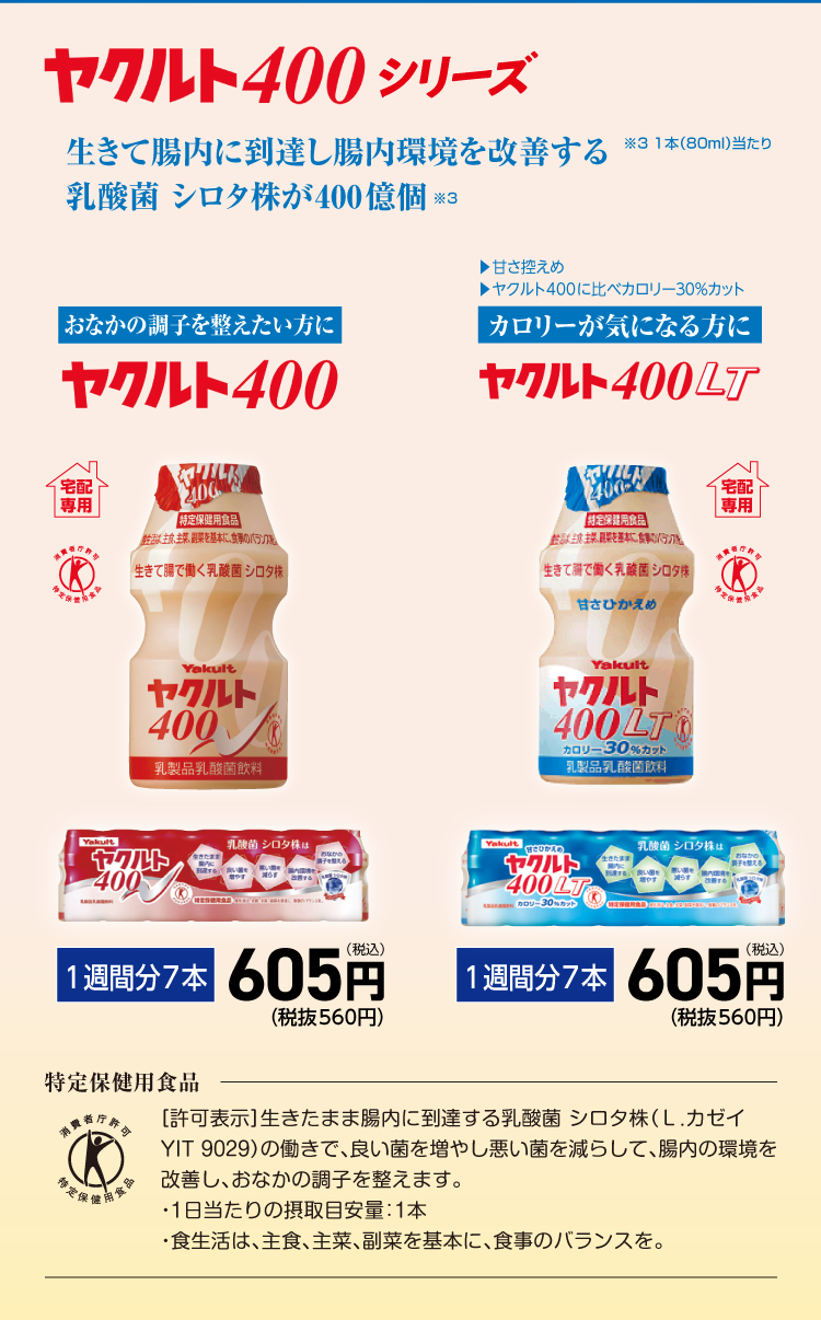 ヤクルト400シリーズ 生きて腸内に到達し腸内環境を改善する乳酸菌 シロタ株が400億個